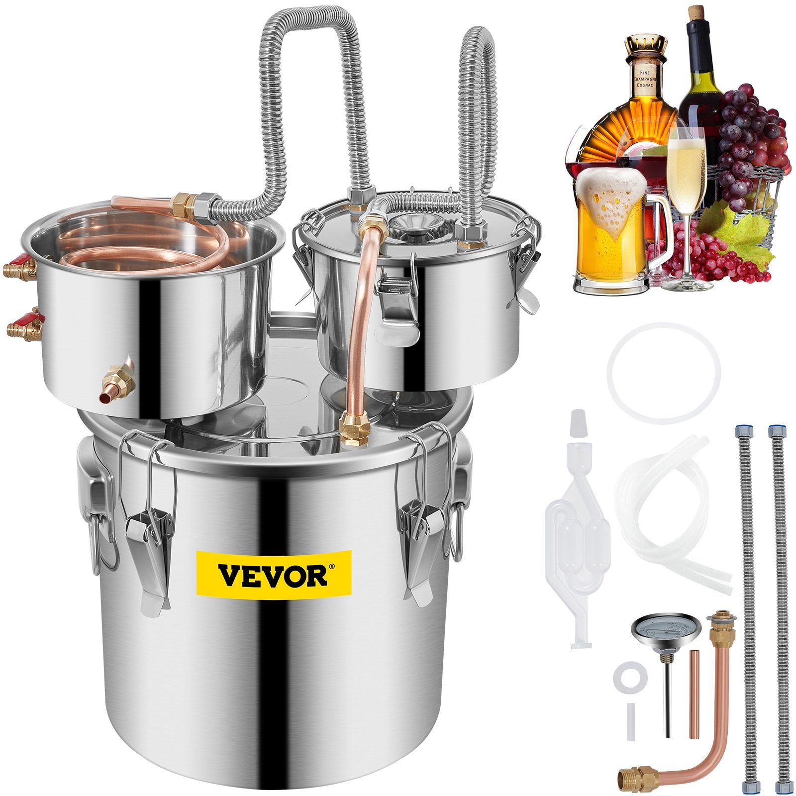 12L stainless steel still, copper distillation pipe with circulation pump, home brewing kit with built-in thermometer