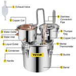 12L stainless steel still, copper distillation pipe with circulation pump, home brewing kit with built-in thermometer