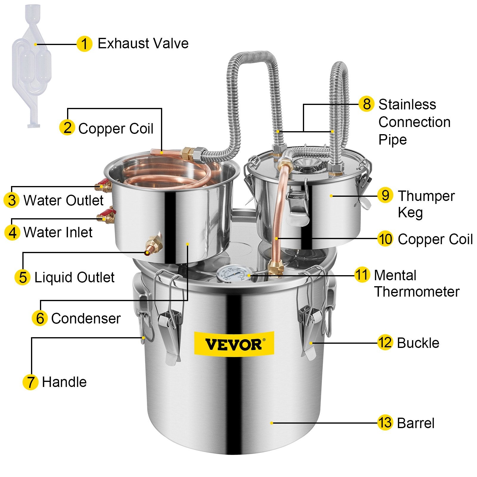 12L stainless steel still, copper distillation pipe with circulation pump, home brewing kit with built-in thermometer