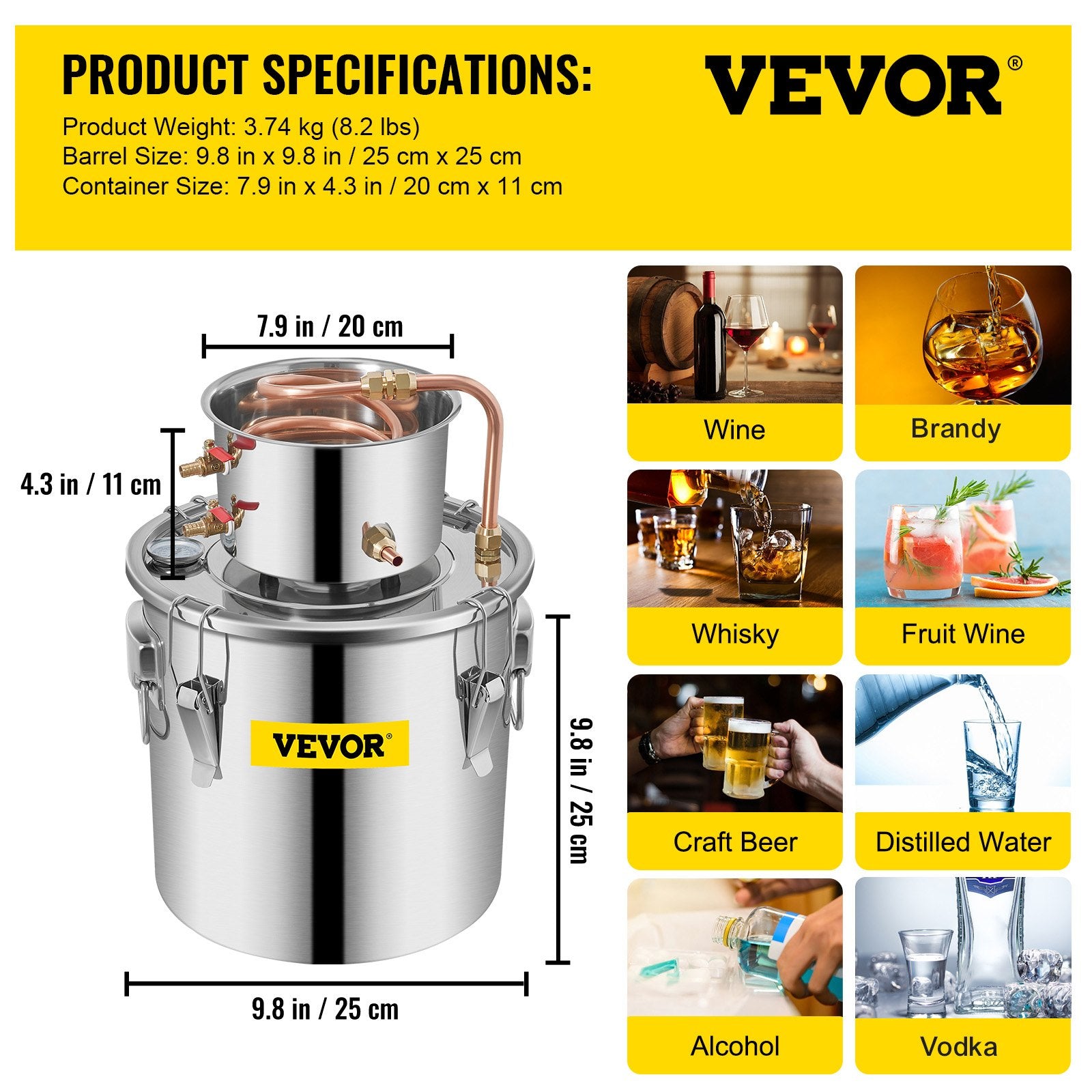 12L stainless steel water distiller with copper pipe - home brewing kit with built-in thermometer