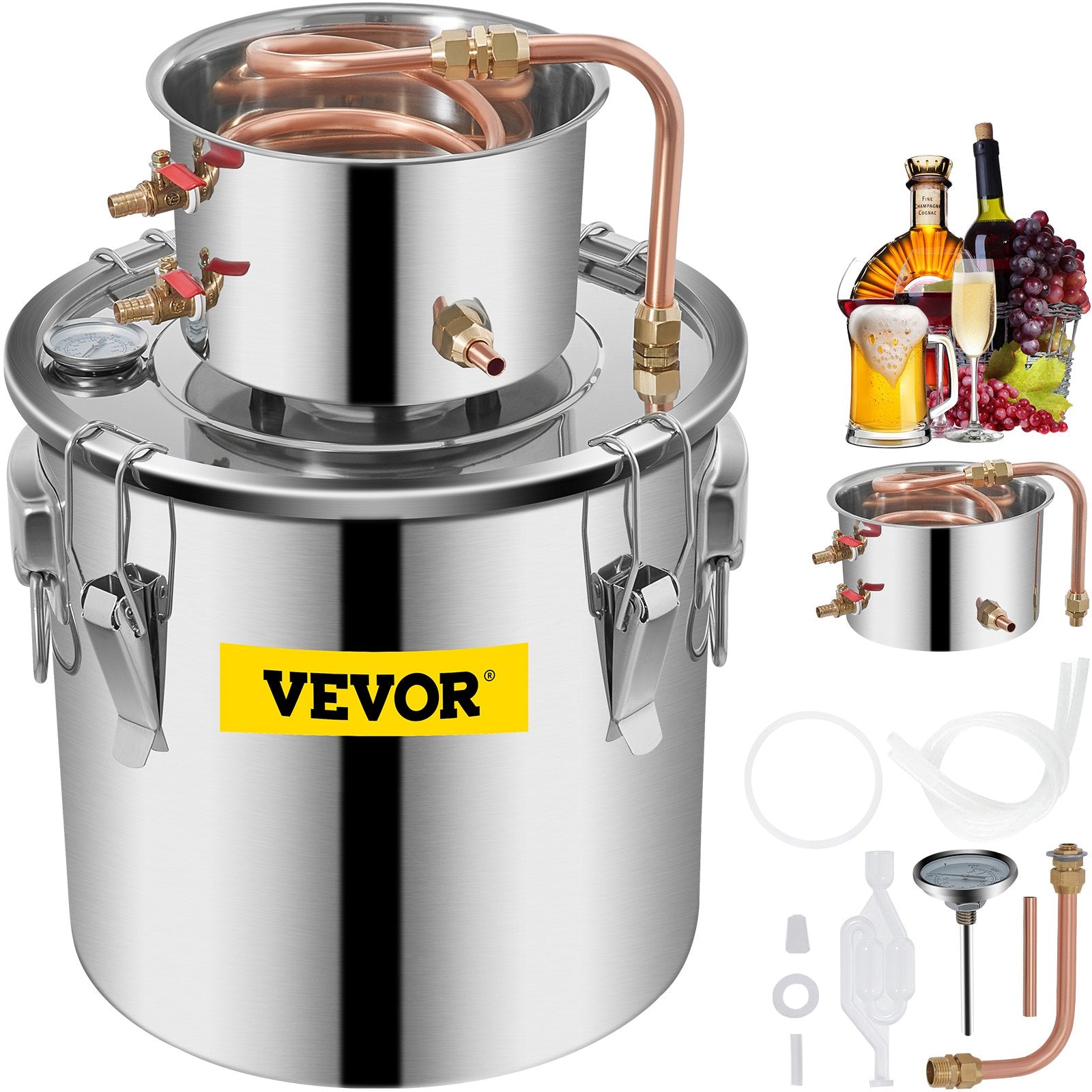 19L distillation apparatus with built-in thermometer on lid and water circulation pump, suitable for alcohol distillation, essential oil extraction and water purification