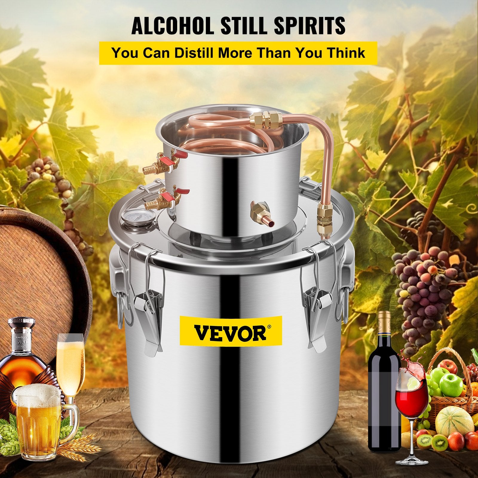 19L distillation apparatus with built-in thermometer on lid and water circulation pump, suitable for alcohol distillation, essential oil extraction and water purification