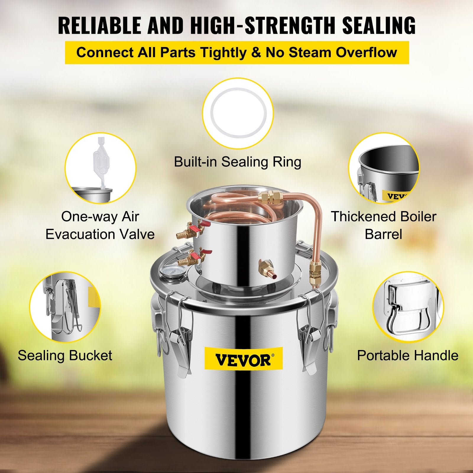 19L distillation apparatus with built-in thermometer on lid and water circulation pump, suitable for alcohol distillation, essential oil extraction and water purification