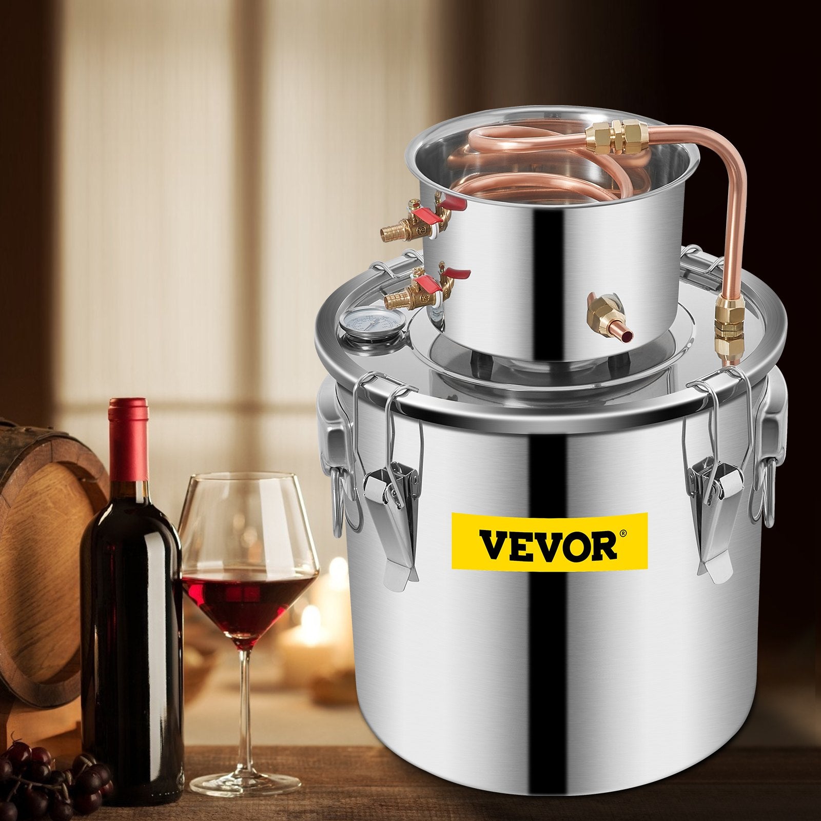 19L distillation apparatus with built-in thermometer on lid and water circulation pump, suitable for alcohol distillation, essential oil extraction and water purification