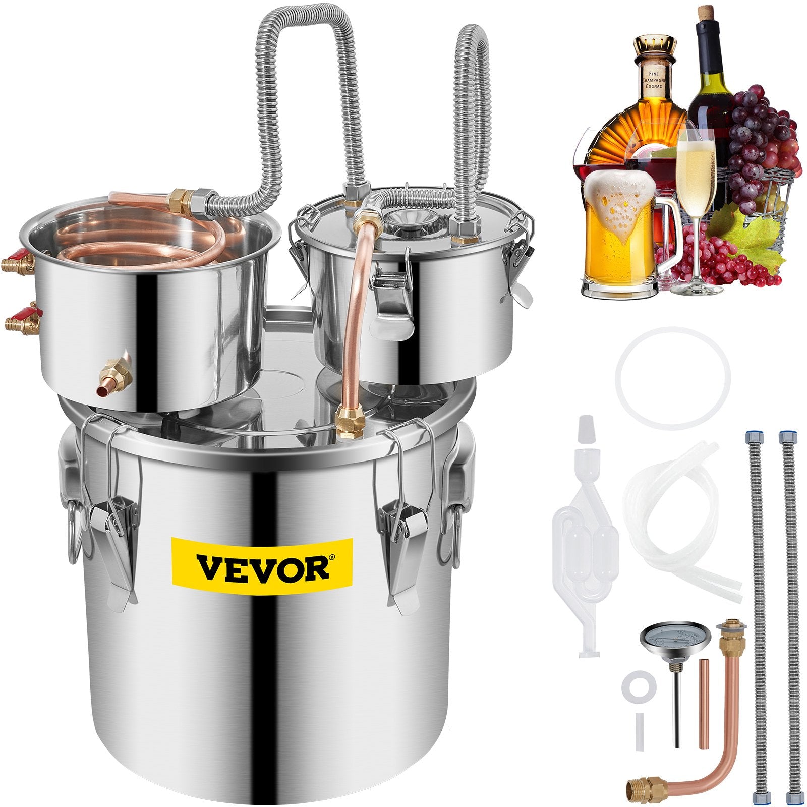19L distillation apparatus, copper tube, with built-in thermometer, suitable for the production of alcohol, essential oils, hydrosols and distilled water