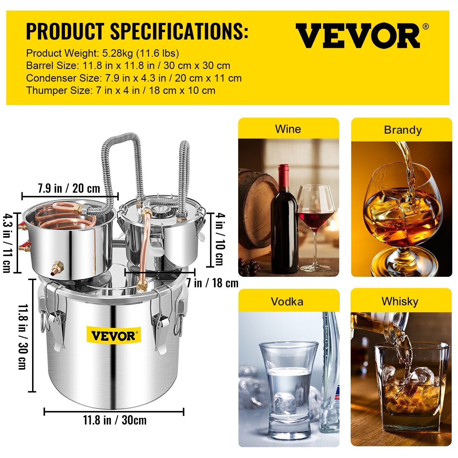 19L distillation apparatus, copper tube, with built-in thermometer, suitable for the production of alcohol, essential oils, hydrosols and distilled water