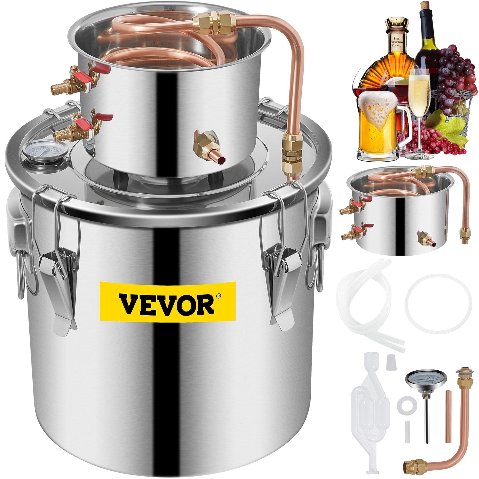20L stainless steel still, copper tube, built-in thermometer, with high efficiency and excellent cooling performance, allowing to produce alcohol and distil water.