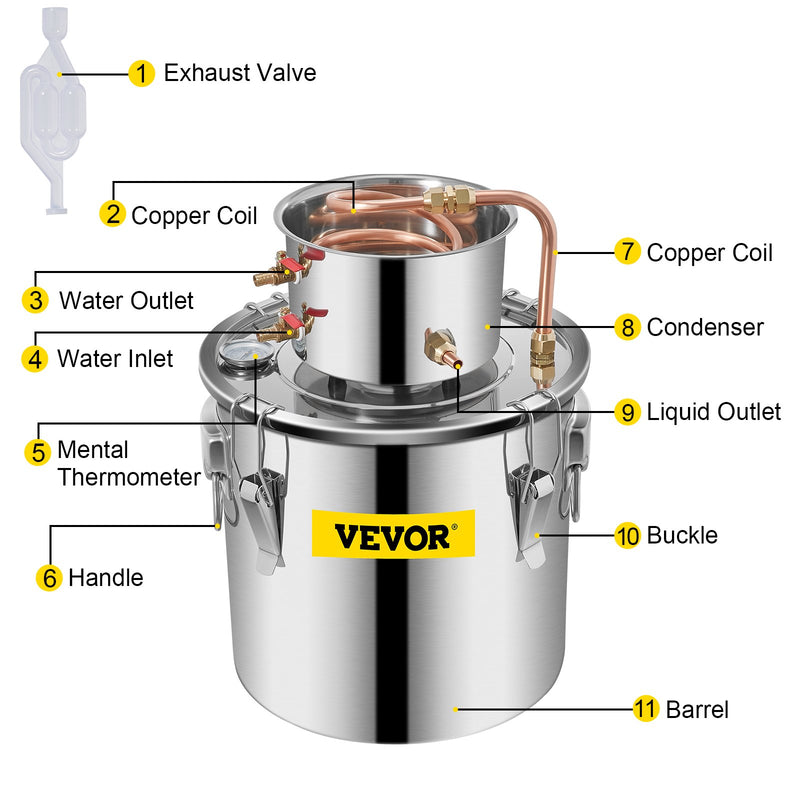 20L nerūsējoša tērauda destilācijas aparāts, vara caurule, iebūvēts termometrs,  ar augstu efektivitāti un izcilu dzesēšanas veiktspēju, kas ļauj ražot alkoholu un destilēt ūdeni.