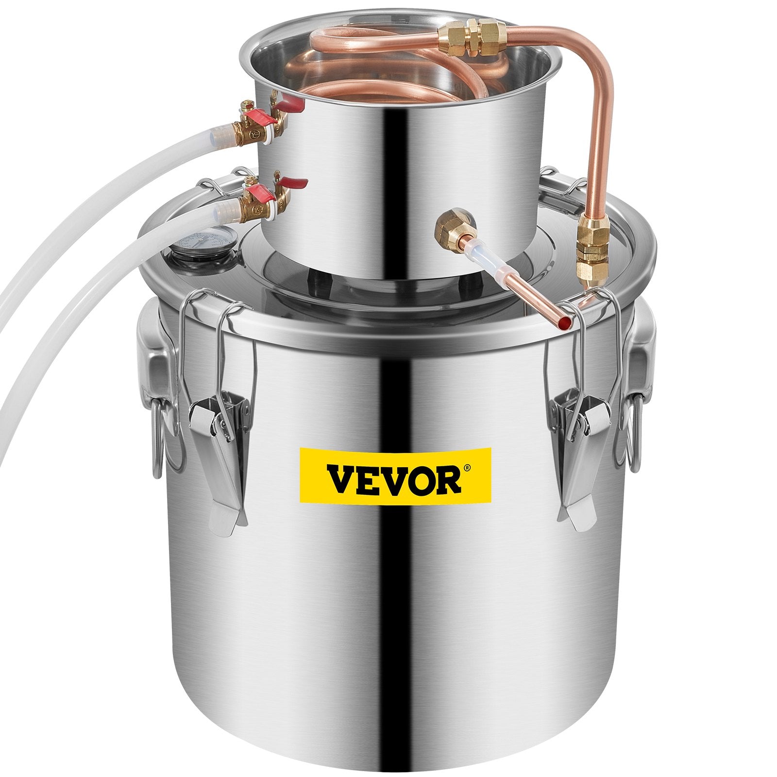 20L stainless steel still, copper tube, built-in thermometer, with high efficiency and excellent cooling performance, allowing to produce alcohol and distil water.