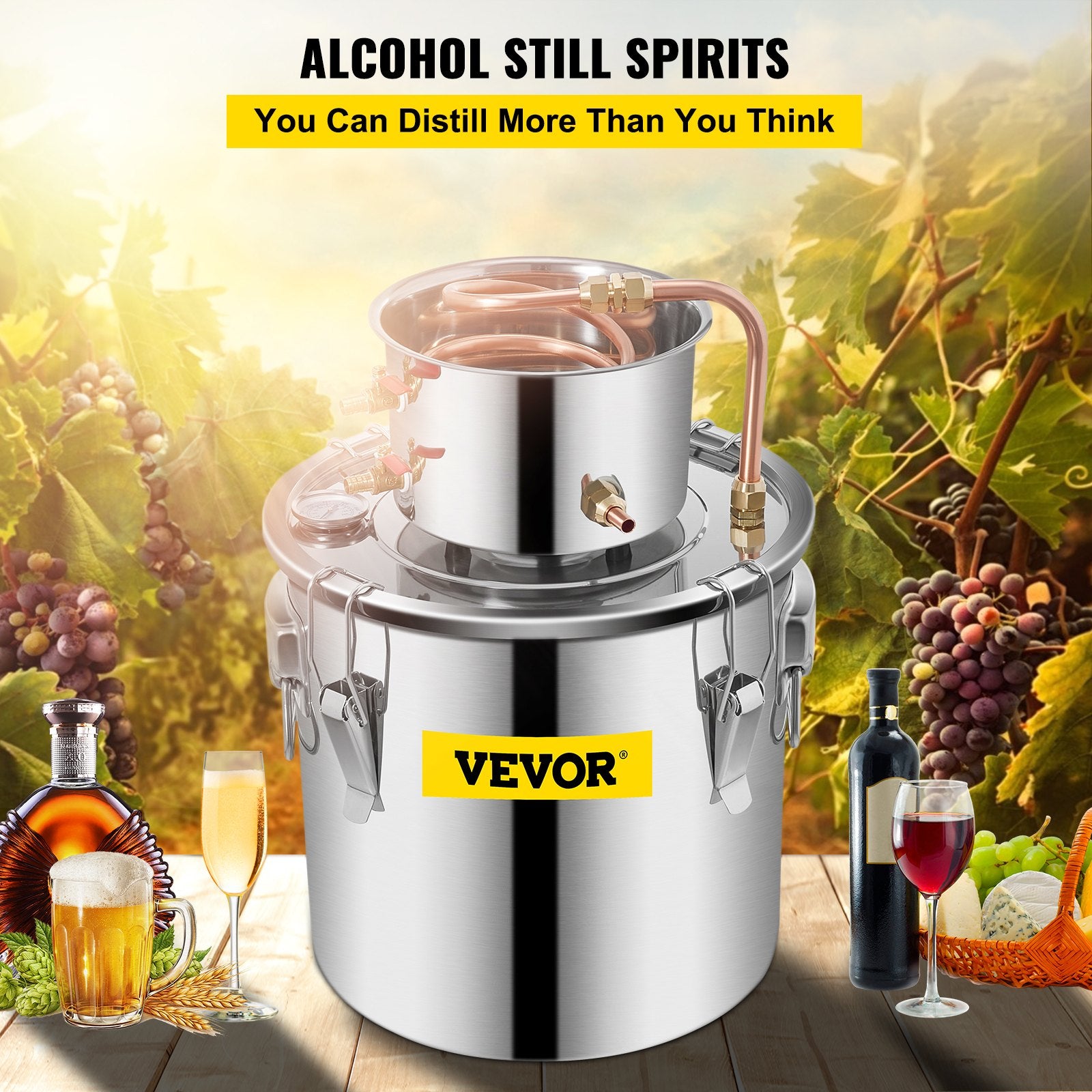 20L stainless steel still, copper tube, built-in thermometer, with high efficiency and excellent cooling performance, allowing to produce alcohol and distil water.
