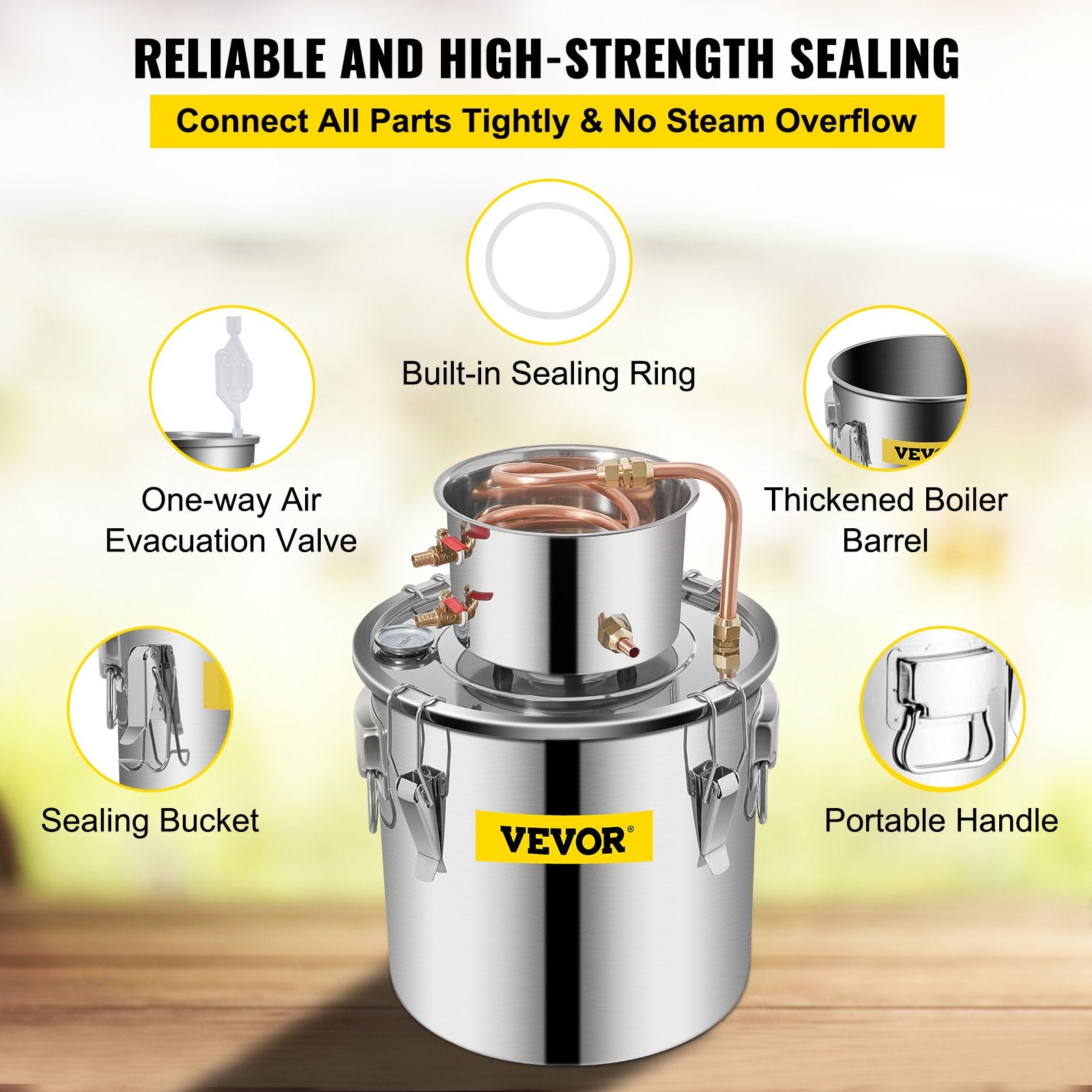 20L stainless steel still, copper tube, built-in thermometer, with high efficiency and excellent cooling performance, allowing to produce alcohol and distil water.