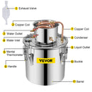VEVOR 30L roostevabast terasest destilleerija, mis on varustatud termoregulaatori ja lihtsa jälgimissüsteemiga, suure tõhususe ja suurepärase jahutusvõimsusega, mis võimaldab toota alkoholi ja destilleerida vett.