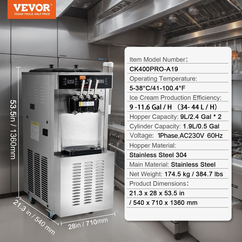 VEVOR komerciālā mīkstā saldējuma mašīna, 34-44 L/h ražība, 3 garšas, LED panelis