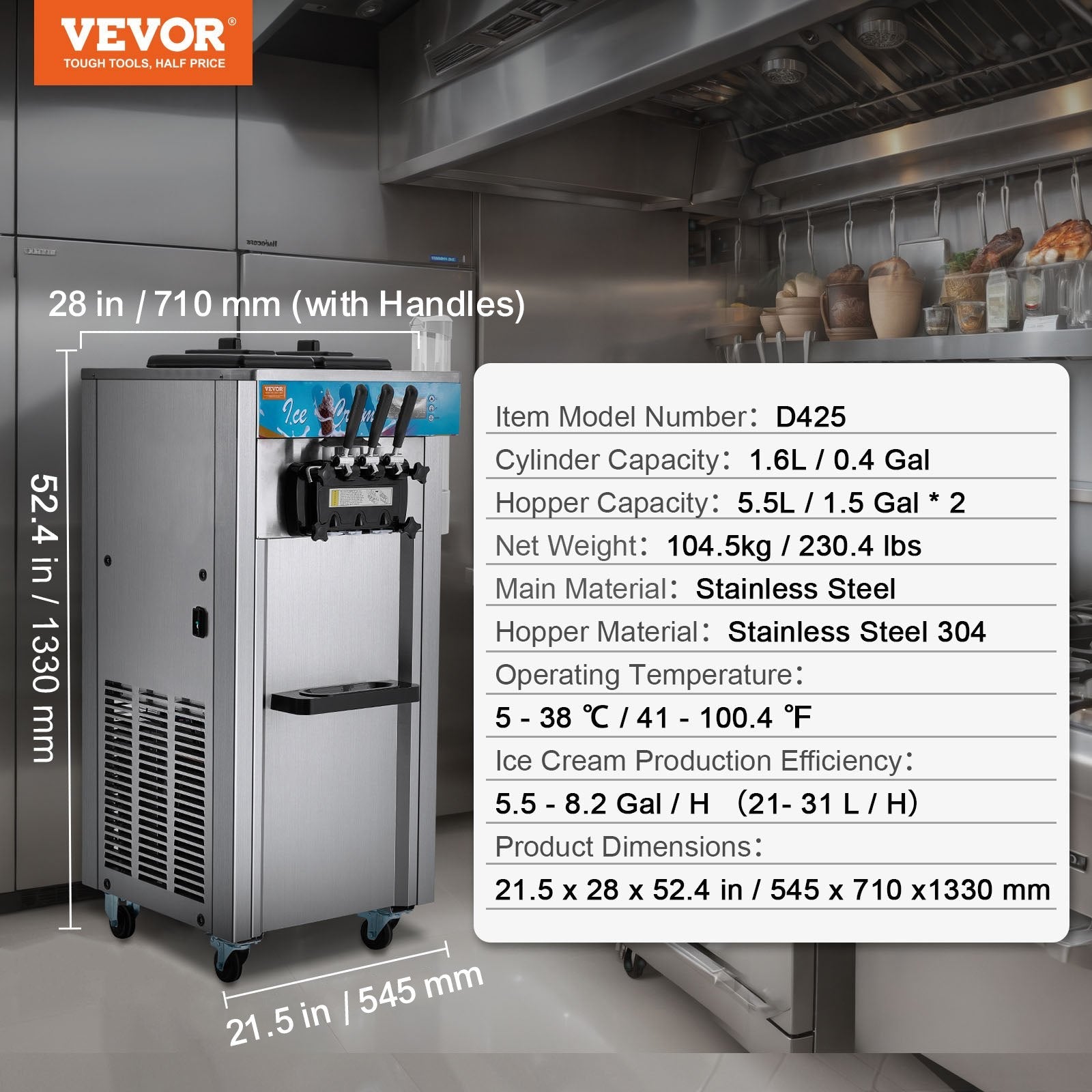 VEVOR komerciālā mīkstā saldējuma iekārta, 21–31 l/h jauda, 3 garšas