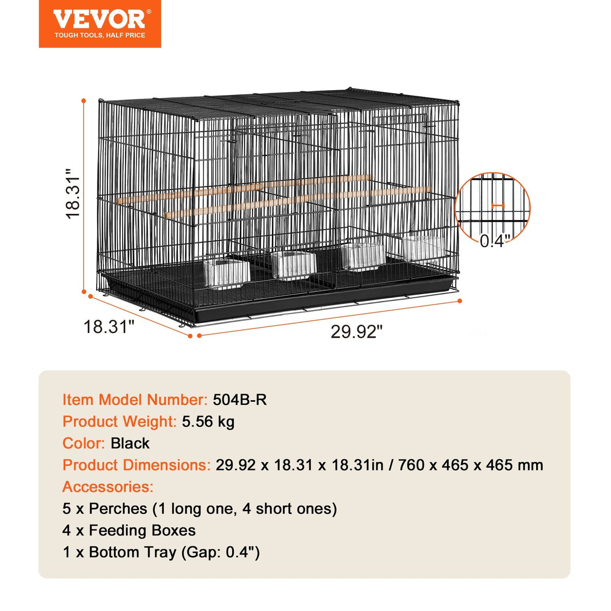 VEVOR 45,7 cm  putnu lidojuma būris ar starpsienu – melns metāla būris viļņpapagaiļiem