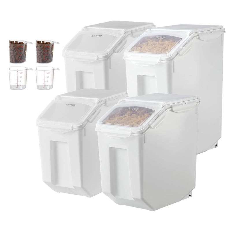 VEVOR rīsu un barības uzglabāšanas konteineru komplekts, 2 × 15 l un 2 × 20 l lieli hermētiski dozatoru konteineri ar riteņiem, virtuves graudu un putraimu tvertnes, mājdzīvnieku barības konteineri ar 4 mērbļodiņām, komplektā 4 gab.