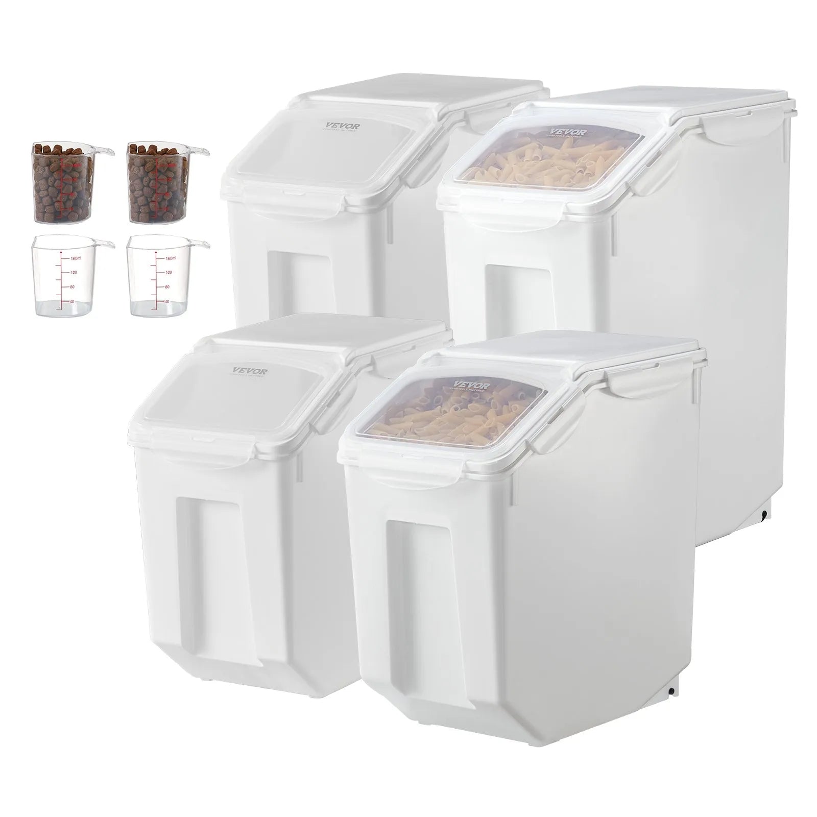 VEVOR rīsu un barības uzglabāšanas konteineru komplekts, 2 × 15 l un 2 × 20 l lieli hermētiski dozatoru konteineri ar riteņiem, virtuves graudu un putraimu tvertnes, mājdzīvnieku barības konteineri ar 4 mērbļodiņām, komplektā 4 gab.