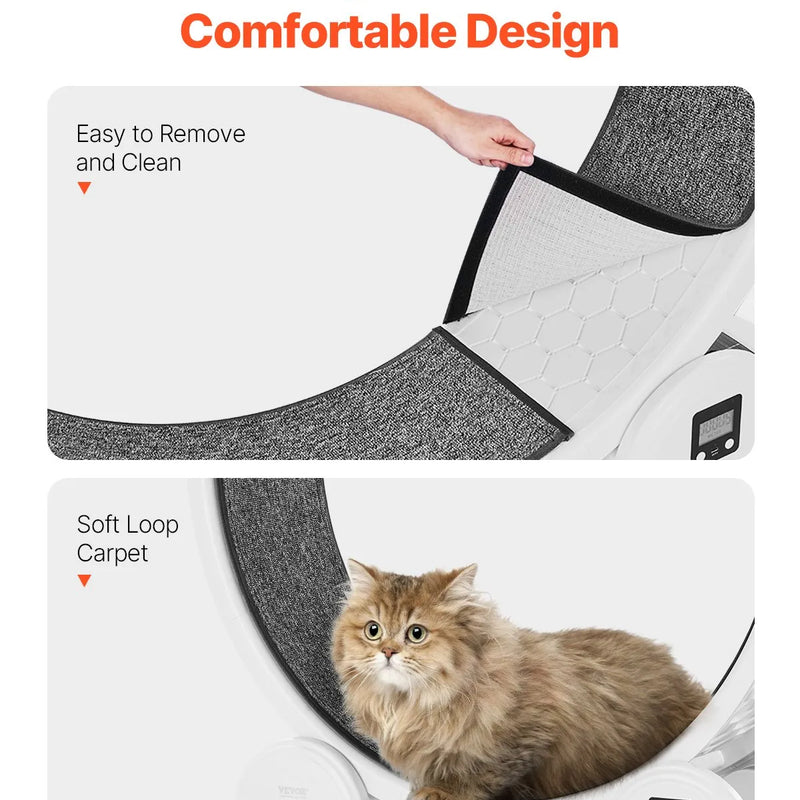 Kaķu treniņrats ar pedometru, 103,6 cm, ar bremzi un paklājētu skrejceļu, kluss skrejritenis telpām kaķiem līdz 13,6 kg, balts