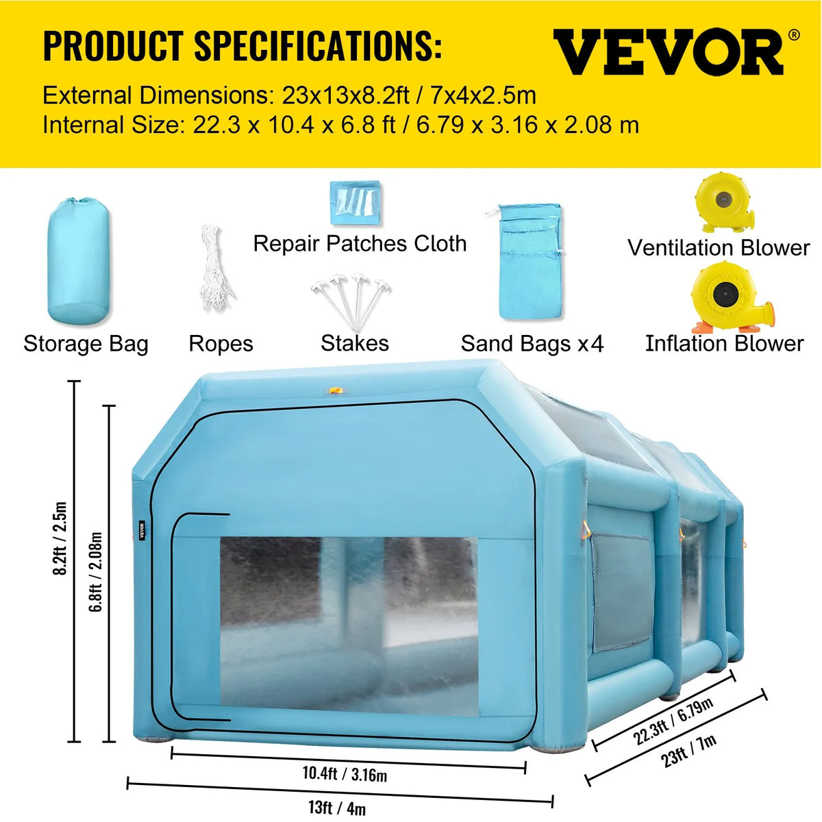 Uzpūšamā krāsošanas kabīne automašīnām 7 × 4 × 2.5 m ar filtrēšanas sistēmu un 2 ventilatoriem