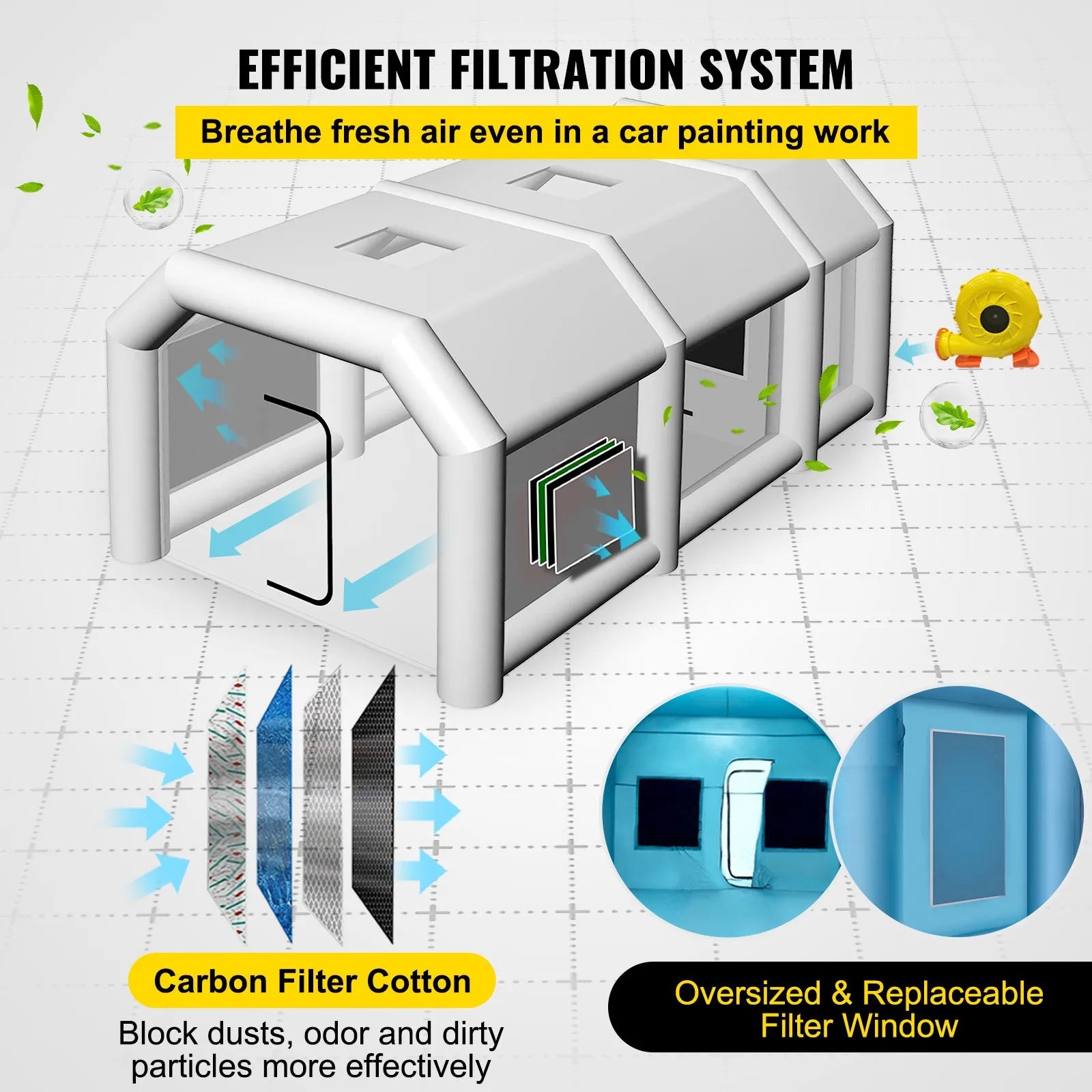 Uzpūšamā krāsošanas kabīne automašīnām 9 × 6 × 4 m ar filtru un 2 ventilatoriem