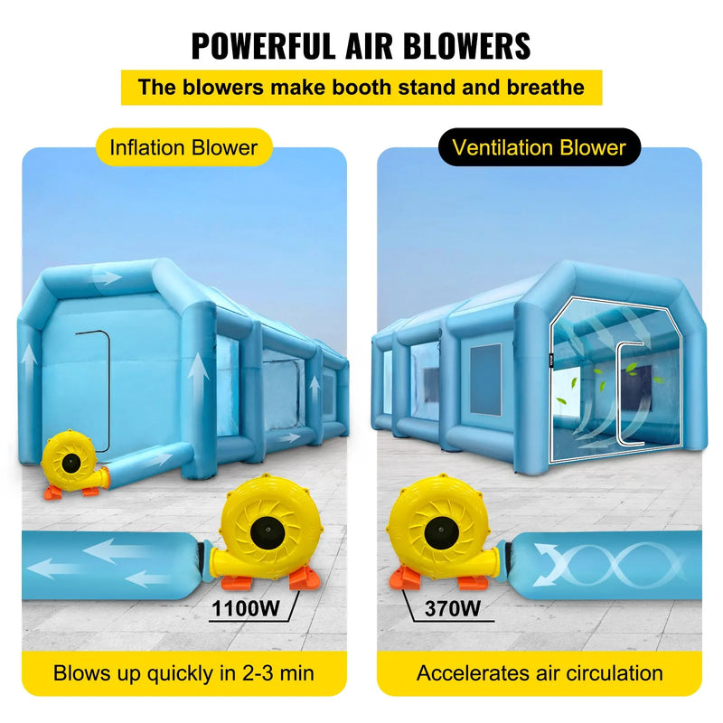 Uzpūšamā krāsošanas kabīne automašīnām 9 × 6 × 4 m ar filtru un 2 ventilatoriem
