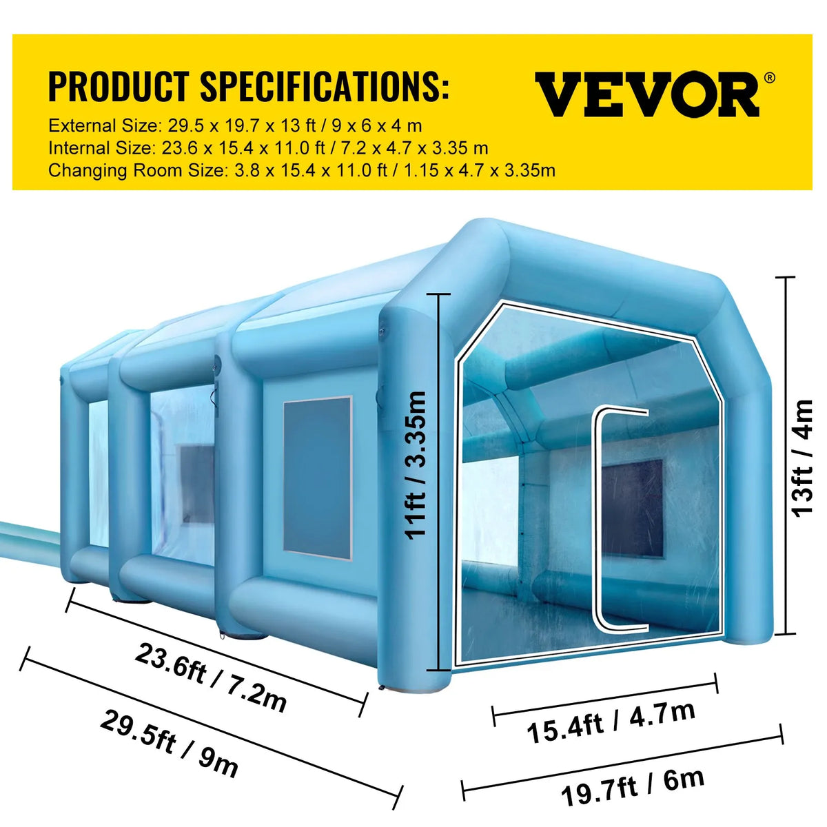 Uzpūšamā krāsošanas kabīne automašīnām 9 × 6 × 4 m ar filtru un 2 ventilatoriem