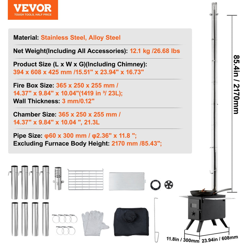 VEVOR pārnēsājama malkas krāsns ar skursteni, 220 cm, 22,9 l degkamera, 8 caurules