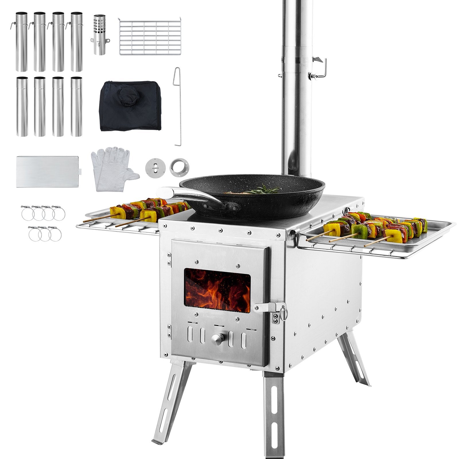 VEVOR Stainless Steel Wood-Burning Stove, 218 cm, portable camping stove with chimney and gloves, 3,000 in³ firebox capacity, suitable for cooking and heating outdoors, comes with 8 pipes