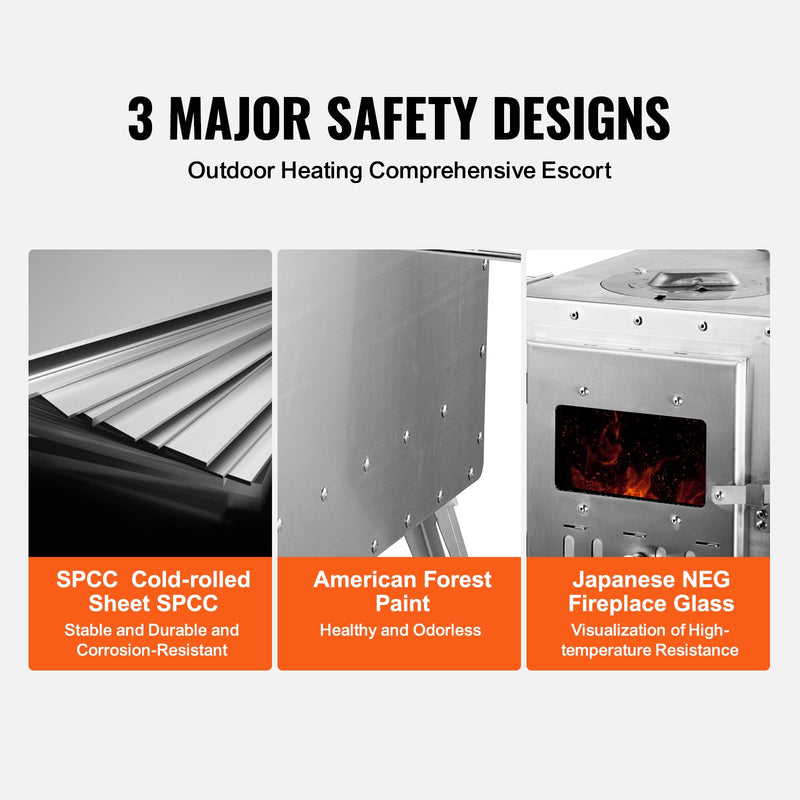 VEVOR nerūsējošā tērauda malkas krāsns, 218 cm, pārnēsājama kempinga krāsns ar skursteni un cimdiem, 3000 in³ kurtuves tilpums, piemērota ēdiena gatavošanai un apkurei brīvā dabā, komplektā 8 caurules