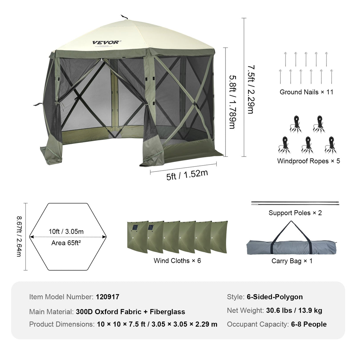 VEVOR 3.05 x 3.05 x 2.29 m nojume – 6-stūru Pop-Up, saules aizsardzība un ūdensnecaurlaidīga, aizsargkrāsas
