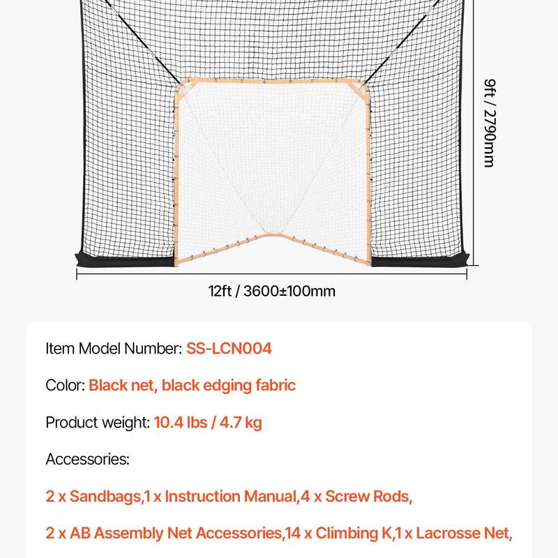 VEVOR Hokeja un lakrosa aizsargtīkls aiz vārtiem, 3657,6 × 2743,2 mm lakrosa tīkls ar paplašinātu pārklājumu, ātra un vienkārša uzstādīšana ar pilnu piederumu komplektu, pagalma lakrosa aprīkojums jauniešiem un pieaugušajiem (TIKAI TĪKLS)
