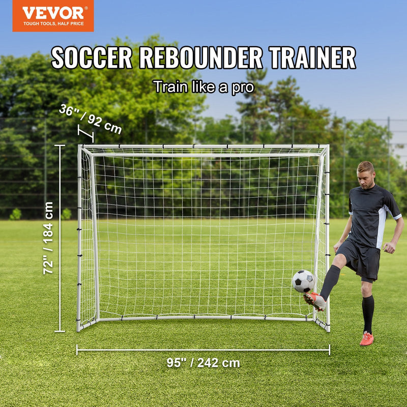 VEVOR Futbola Atlecošais Treneris 240x180 cm | Dzelzs Futbola Treniņu Aprīkojums ar Divpusēju Atlecošo Tīklu un Vārtiem