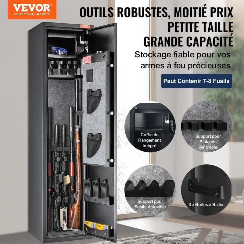 VEVOR ieroču seifs 7–8 šautenēm, šauteņu seifs ar digitālo tastatūras slēdzeni, ieroču uzglabāšanas skapis ar iebūvētu glabāšanas nodalījumu un noņemamu plauktu garo ieroču un pistoles uzglabāšanai mājās