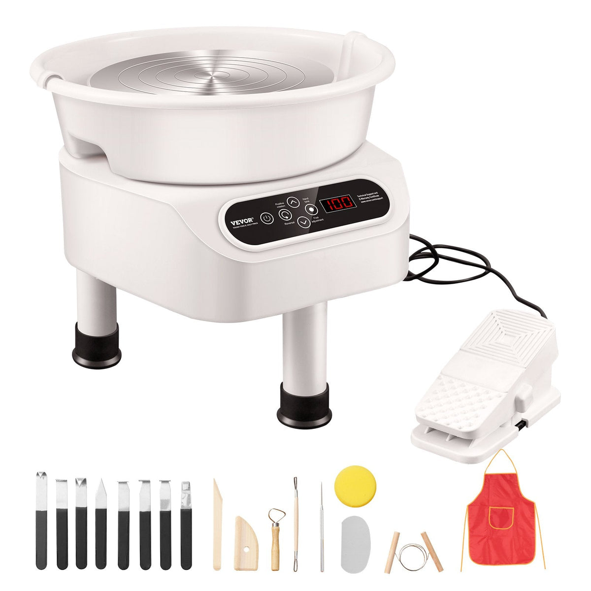 VEVOR 450W Keramikas Virpa – 28 cm Podniecības Ritenis ar Pieskārienjūtīgu Ekrānu un Kāju Pedāli, 450 W, 3 Kājām, Balta