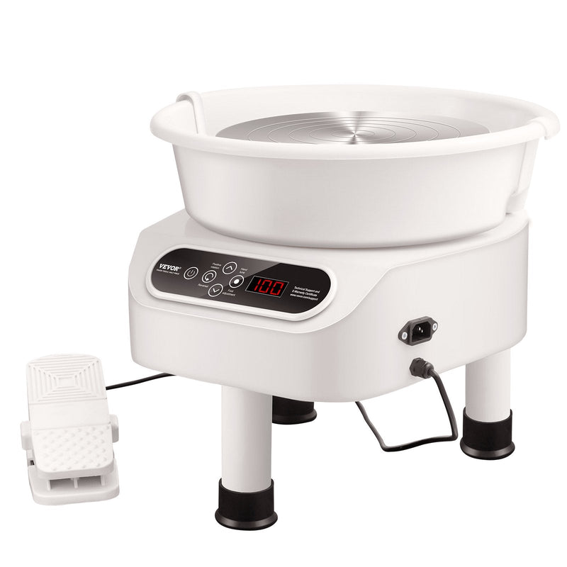 VEVOR 450W Keramikas Virpa – 28 cm Podniecības Ritenis ar Pieskārienjūtīgu Ekrānu un Kāju Pedāli, 450 W, 3 Kājām, Balta