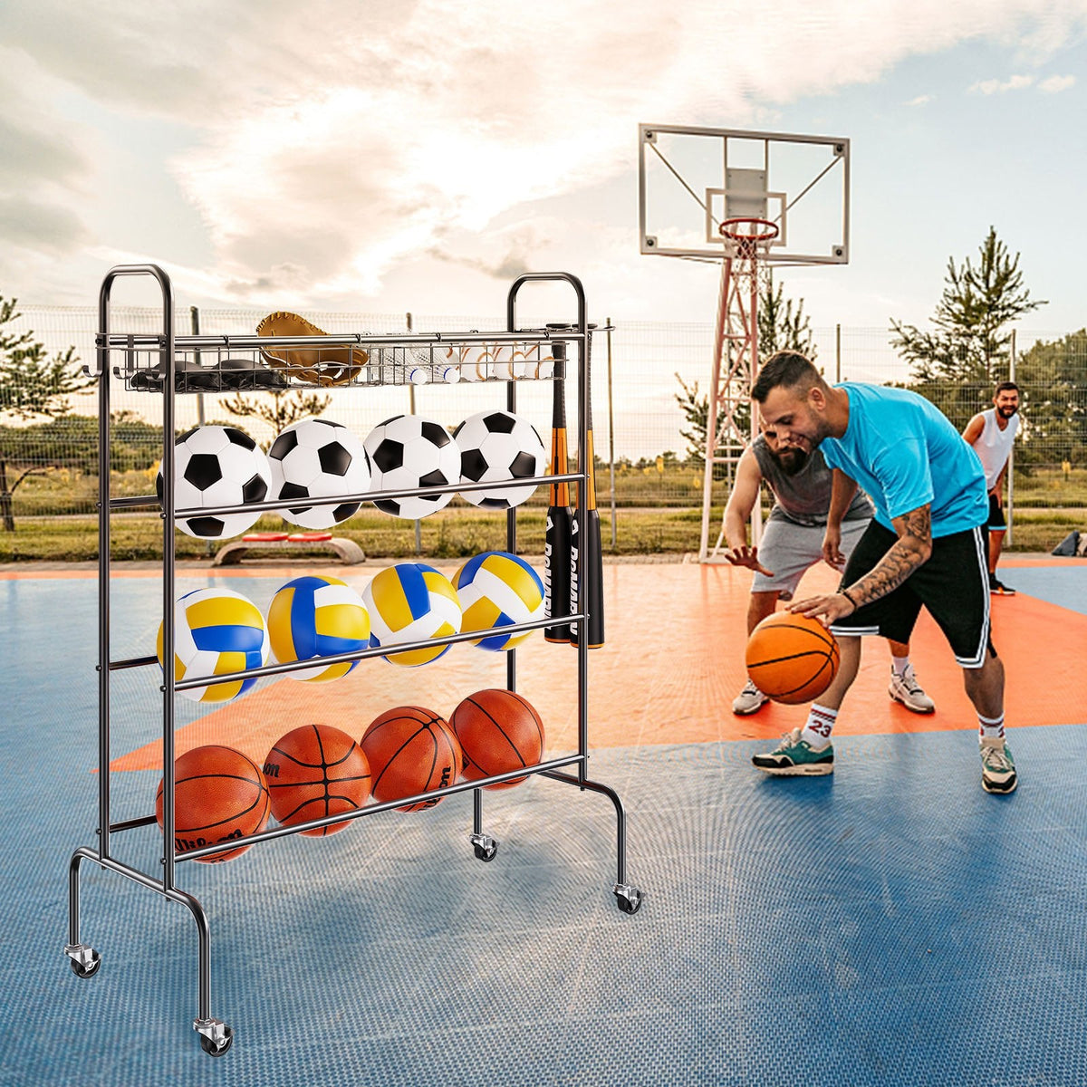 VEVOR 4 Līmeņu Ritošais Basketbola Treniņu Inventāra Statīvs, Sporta Aprīkojuma Uzglabāšanas Organizētājs ar Ritenīšiem, Āķiem un Groziem