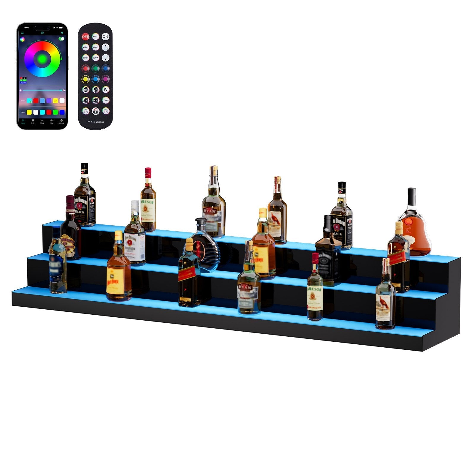 VEVOR LED apgaismotais alkohola pudeles displejs bāra plaukts ar RF un lietotnes kontroli, 152 cm, 3 līmeņi