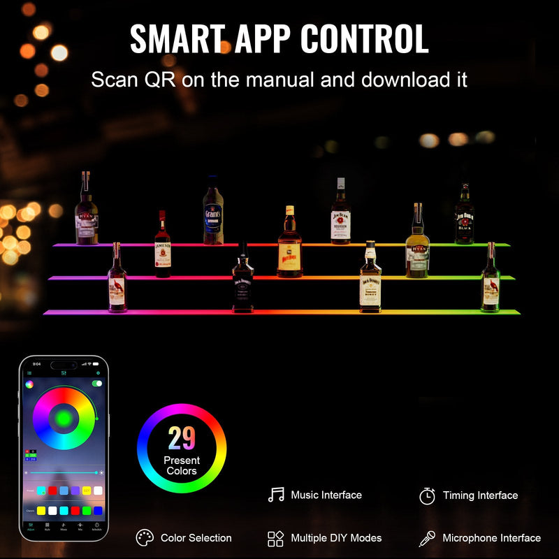 VEVOR LED apgaismotais alkohola pudeles displejs bāra plaukts ar RF un lietotnes kontroli, 152 cm, 3 līmeņi