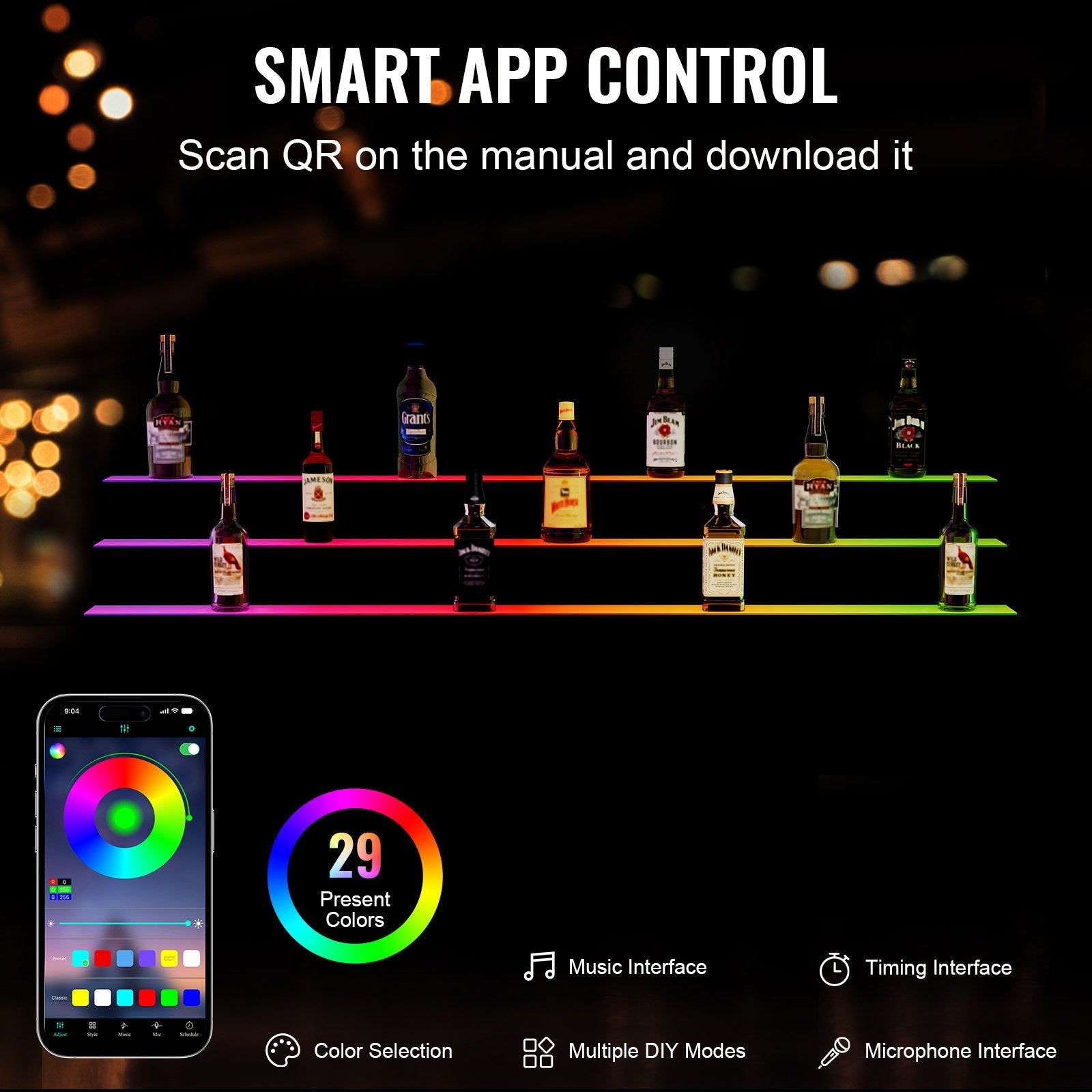 VEVOR LED apgaismotais alkohola pudeles displejs bāra plaukts ar RF un lietotnes kontroli, 152 cm, 3 līmeņi