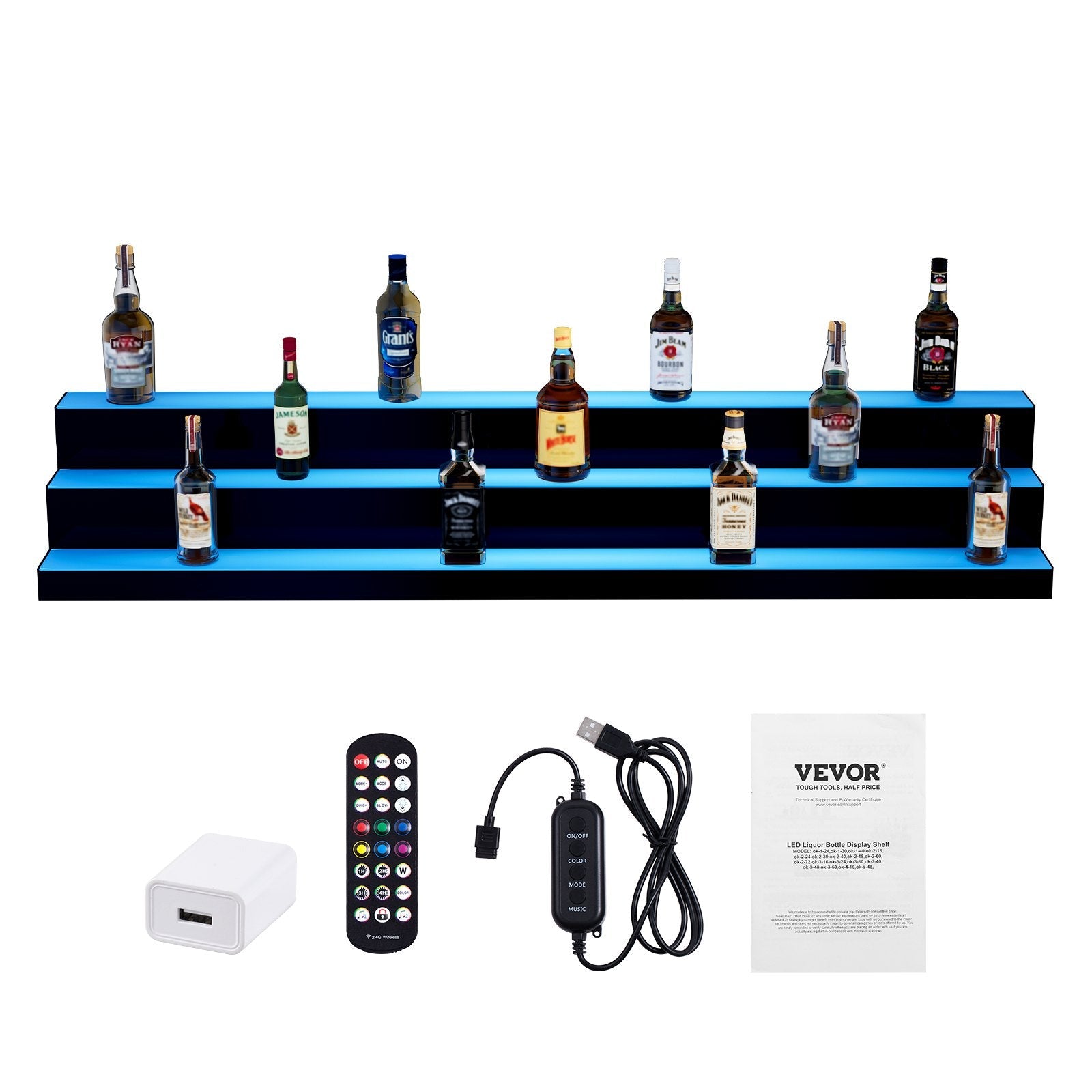 VEVOR LED apgaismotais alkohola pudeles displejs bāra plaukts ar RF un lietotnes kontroli, 152 cm, 3 līmeņi