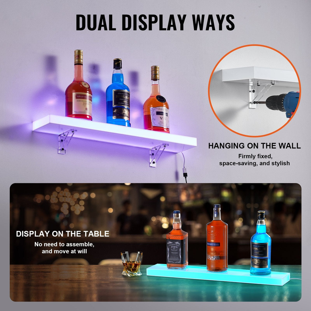 VEVOR sienas LED apgaismots alkohola pudeles displejs, mājas bāra plaukts, 61 cm