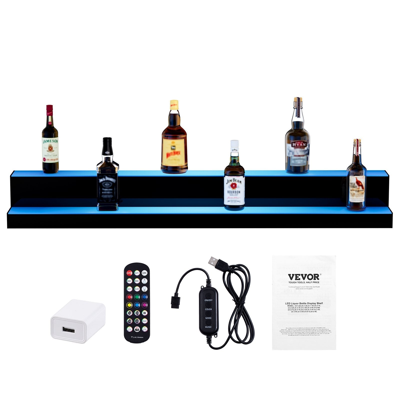 VEVOR LED apgaismots dzērienu pudeļu plaukts ar RF un lietotnes vadību, 122 cm, 2 pakāpju