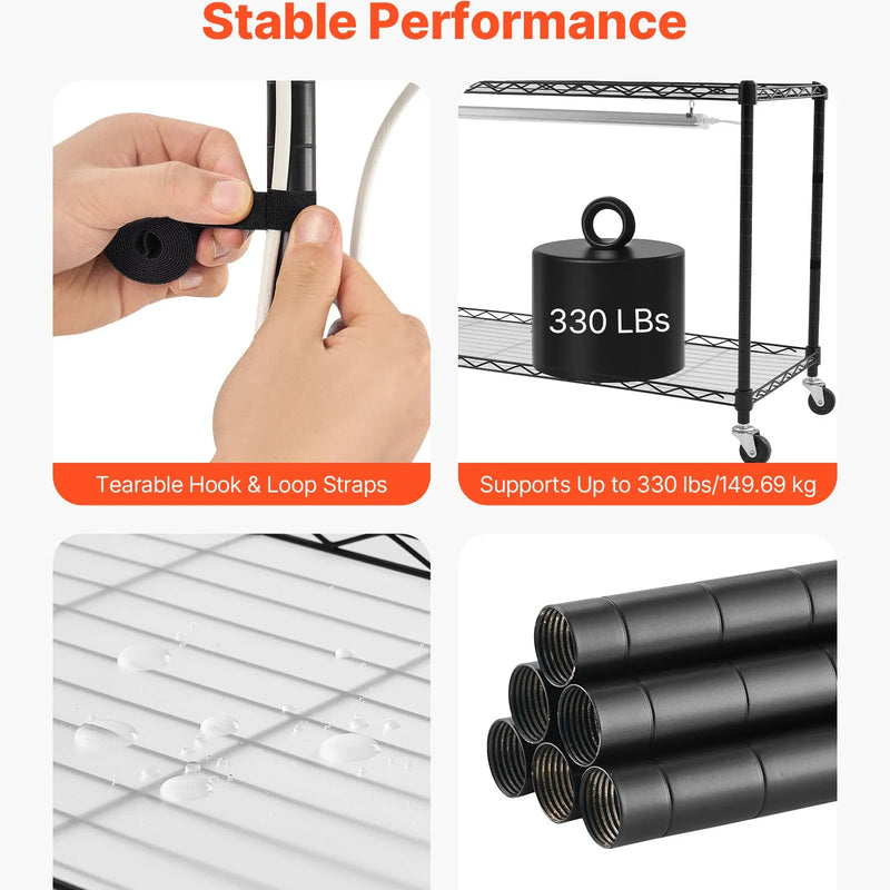 VEVOR 6 līmeņu iekštelpu augu plaukts ar riteņiem un 4/9/14 h taimeri, 180 cm metāla statīvs ar 150 W trīskrāsu pilna spektra audzēšanas gaismām, piemērots dīgstu audzēšanai