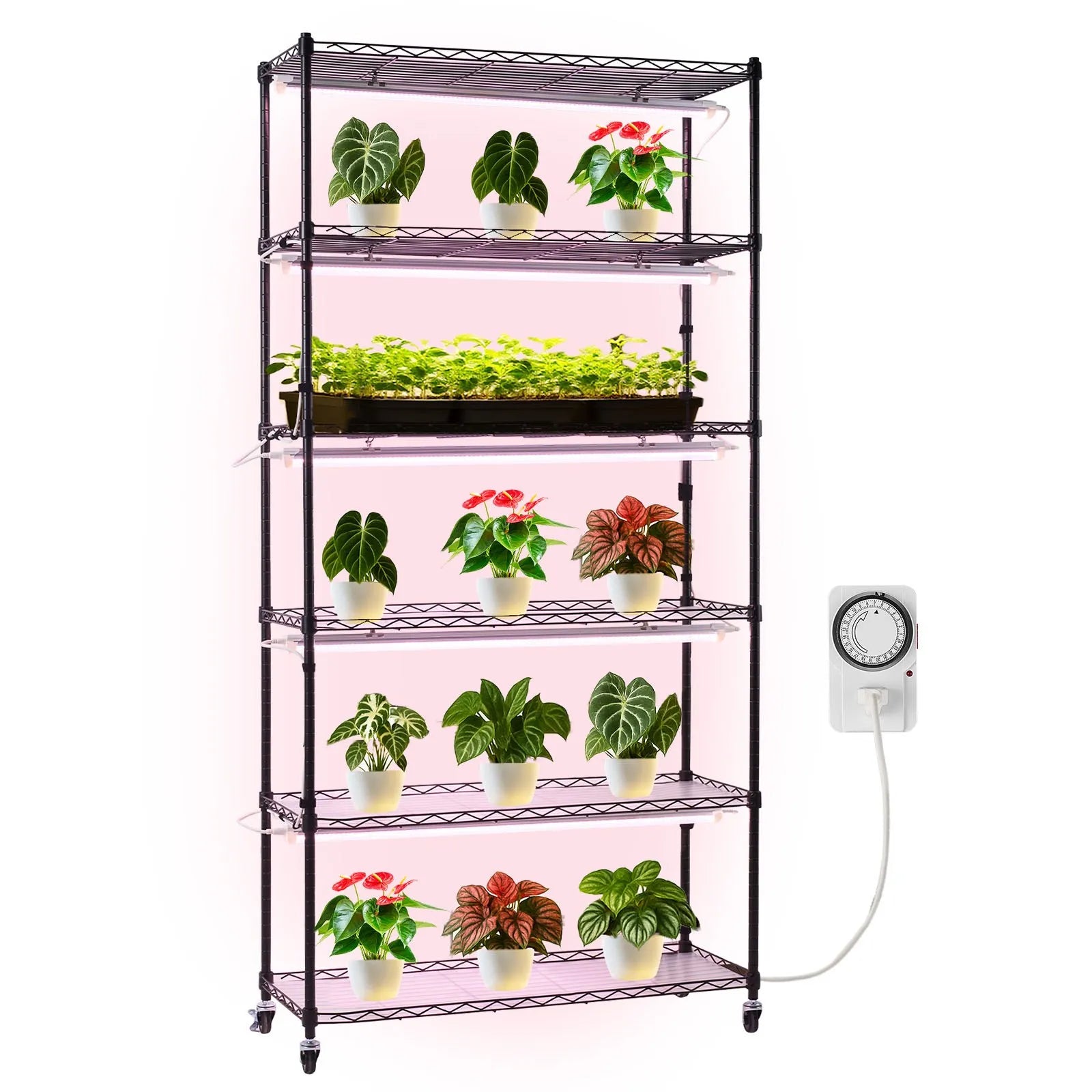 VEVOR 6 līmeņu iekštelpu augu plaukts ar riteņiem un taimeri, 180 cm metāla statīvs ar pilna spektra 150 W 3800 K audzēšanas gaismām, piemērots dīgstu audzēšanai