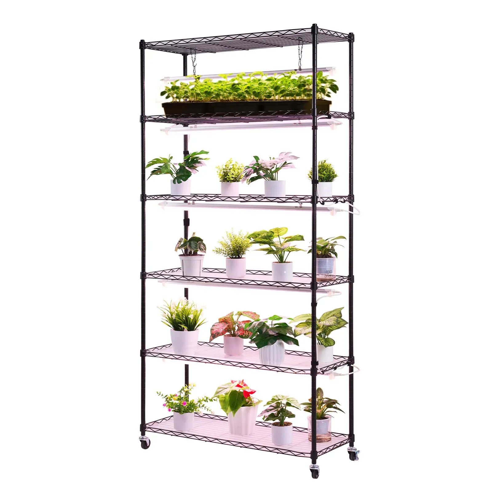 VEVOR 6 līmeņu iekštelpu augu plaukts ar riteņiem un taimeri, 180 cm metāla statīvs ar pilna spektra 150 W 3800 K audzēšanas gaismām, piemērots dīgstu audzēšanai