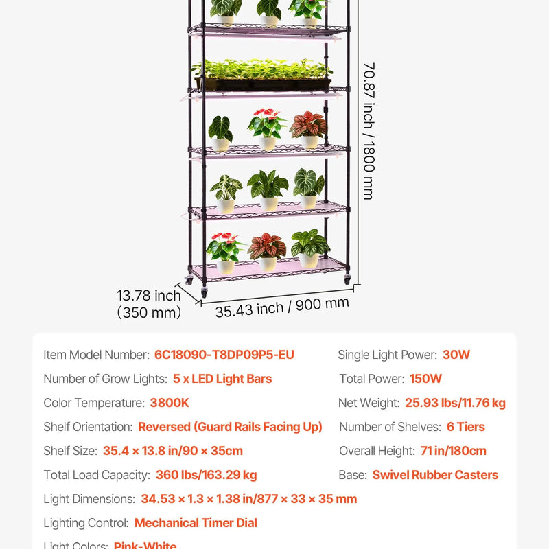 VEVOR 6 līmeņu iekštelpu augu plaukts ar riteņiem un taimeri, 180 cm metāla statīvs ar pilna spektra 150 W 3800 K audzēšanas gaismām, piemērots dīgstu audzēšanai