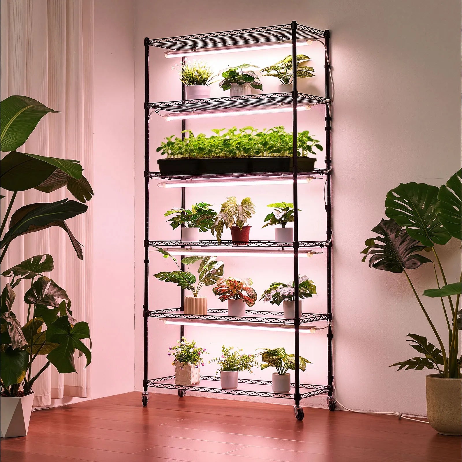 VEVOR 6 līmeņu iekštelpu augu plaukts ar riteņiem un taimeri, 180 cm metāla statīvs ar pilna spektra 150 W 3800 K audzēšanas gaismām, piemērots dīgstu audzēšanai