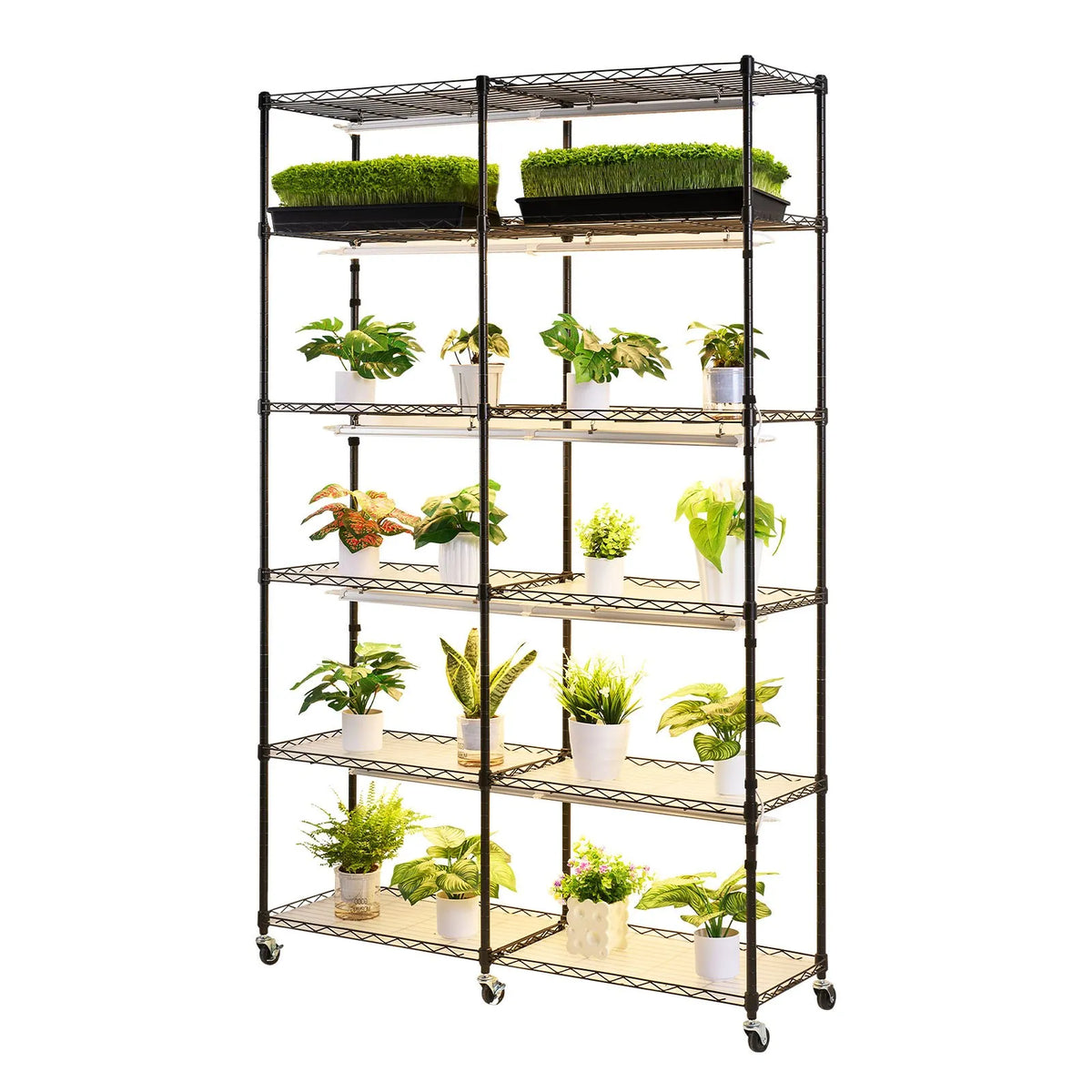 VEVOR 6 līmeņu divrindu augu plaukts ar riteņiem un taimeri, 180 cm metāla statīvs ar 200 W pilna spektra audzēšanas gaismām, piemērots dīgstu audzēšanai