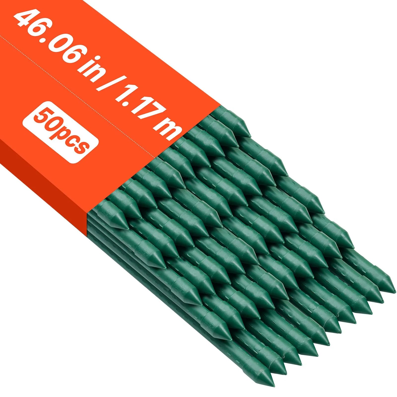VEVOR dārza balsti augiem, 50 gab., 1170 mm, ar plastmasu pārklāti metāla tomātu balsti ar smailu galu un neslīdošiem izciļņiem kāpelējošu augu un dārzeņu atbalstam āra apstākļos