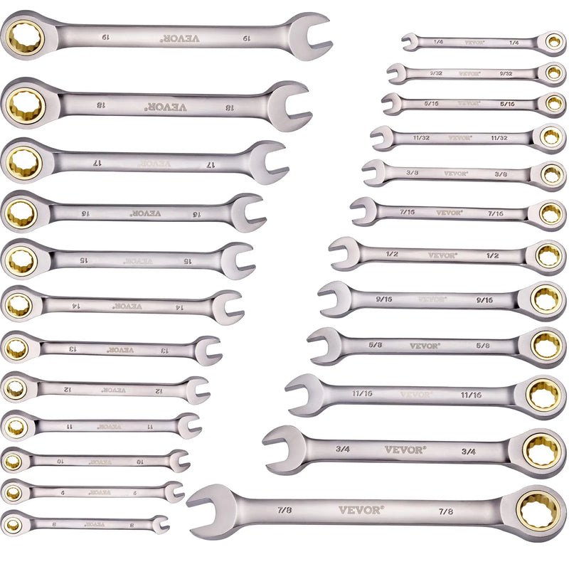 VEVOR Kombinēto atslēgu komplekts, 24 gab., SAE 6,35–22,2 mm un metrisks 8–19 mm ar organizatoru statīvu